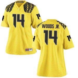 Women Haki Woods Jr. Gold Ducks #14 Football Game Player Jersey