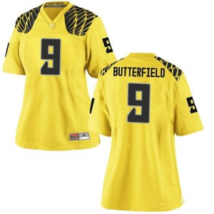 Women Jay Butterfield Gold University of Oregon #9 Football Replica Embroidery Jerseys